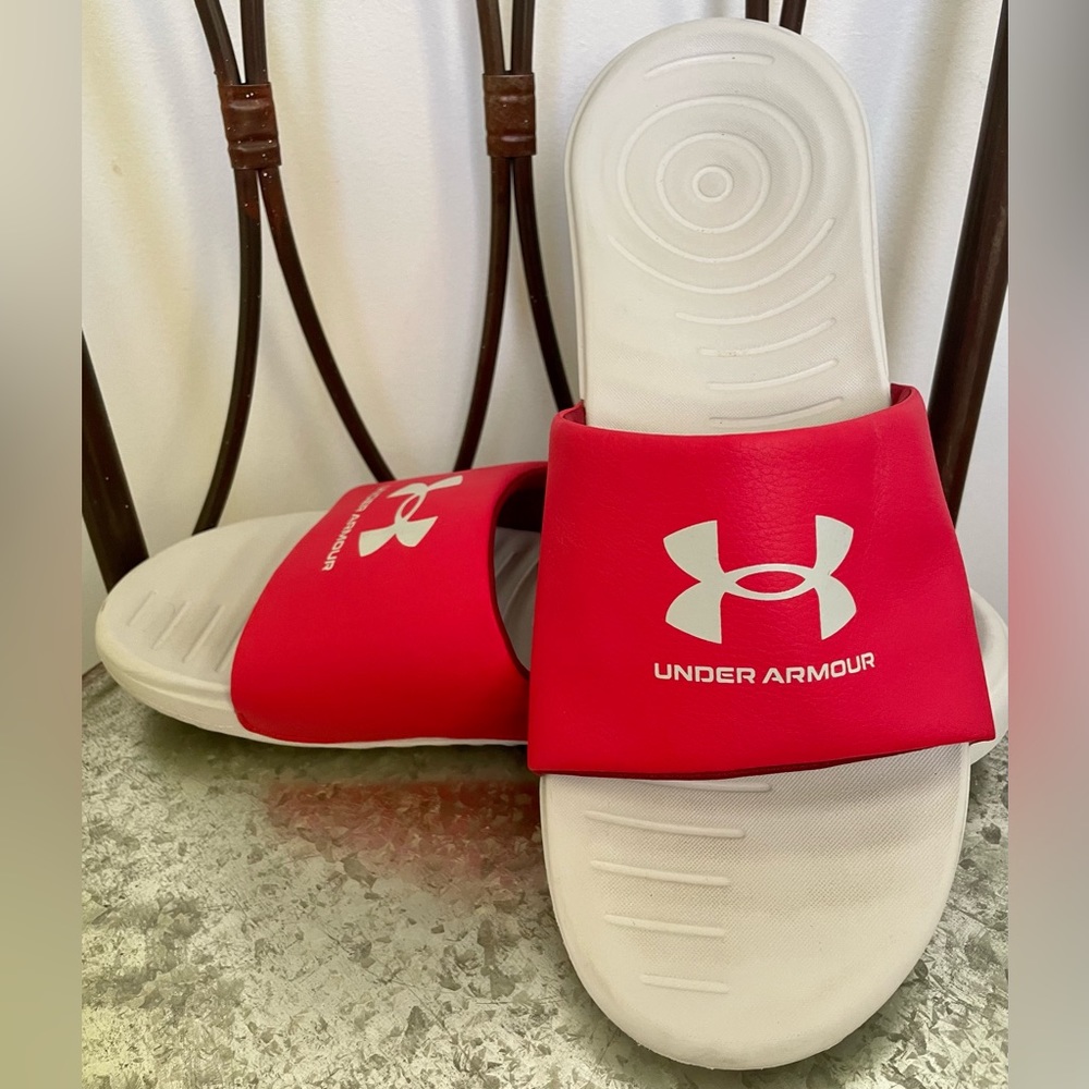 Under Armour Ansa Fixed Slides Flip Flops Mens size 12. Red & Gray. Like New!